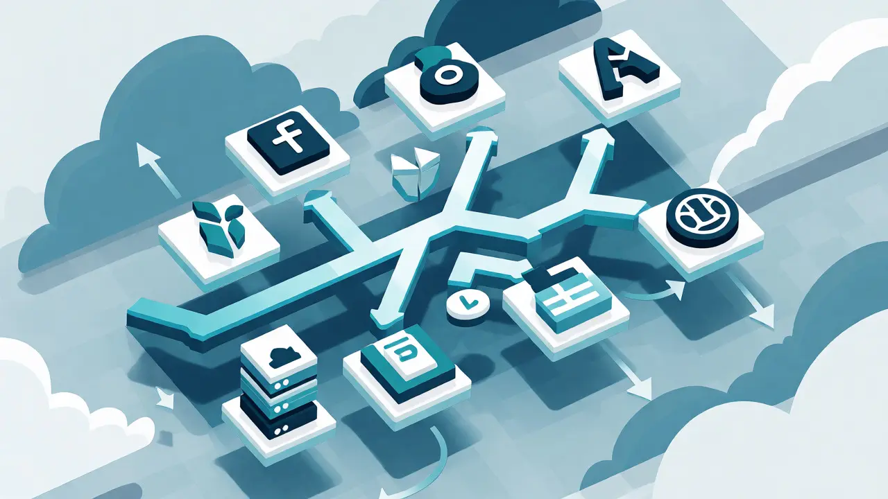 Izometrická ilustrace Git větví propojených s ikonami cloudových nástrojů